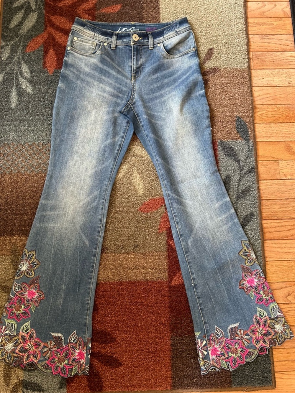 INC International Concepts Medium Blue Flare Jeans with Pink Floral Embroidery